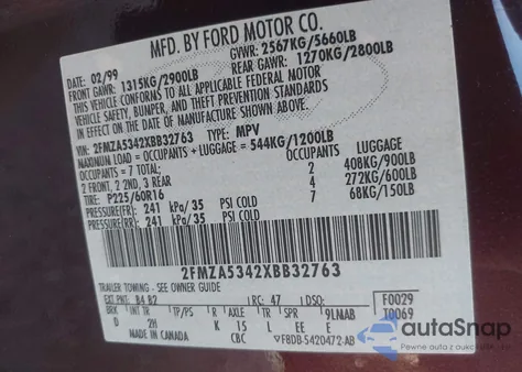 1999 Ford Windstar Sel from USA, damaged, VIN 2FMZA5342XBB32763